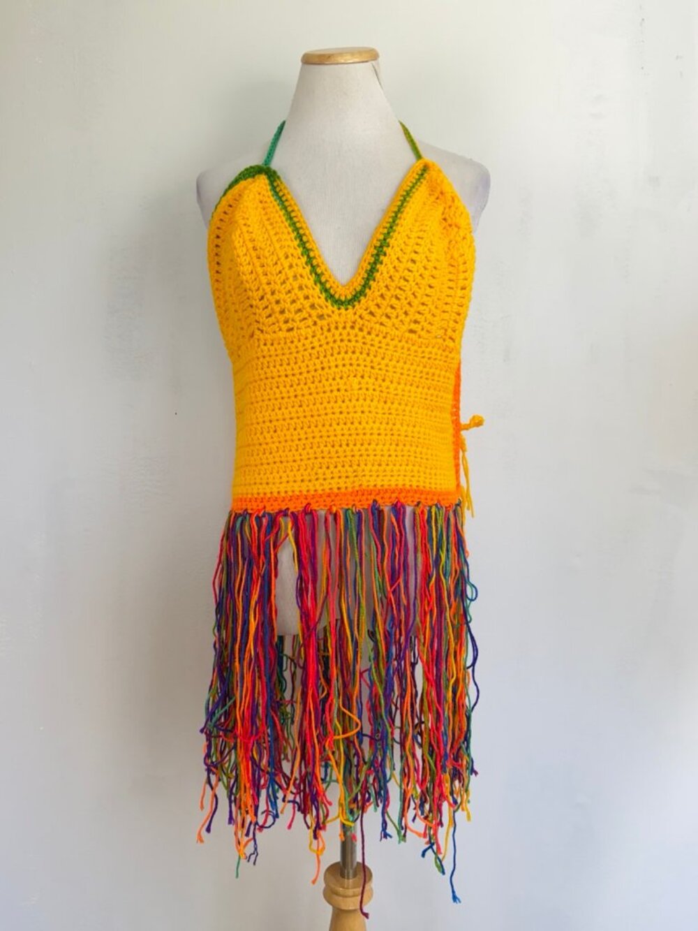 Vintage Handmade Crochet Halter Rainbow Long Fringe Summer Top Festival Size Med
